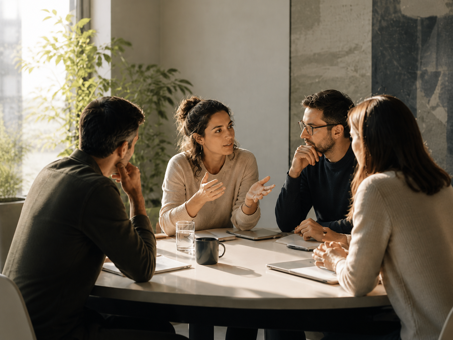 Equipo de profesionales en una conversación de trabajo en una sala con luz natural